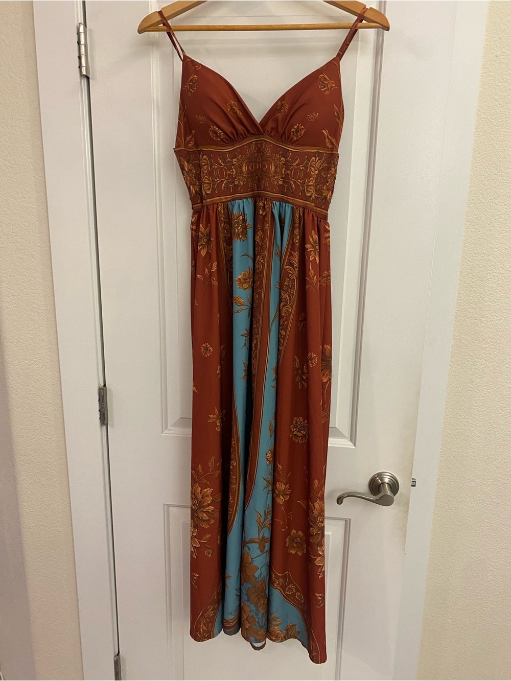Rust and Teal Asymmetrical Maxi Dress with Floral Detail
